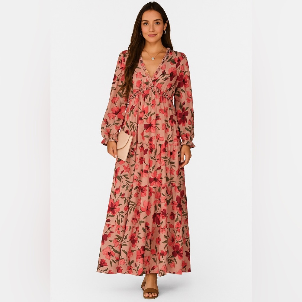 Blencot Women’s M light pink, maroon, red floral bishop long sleeve maxi dress
